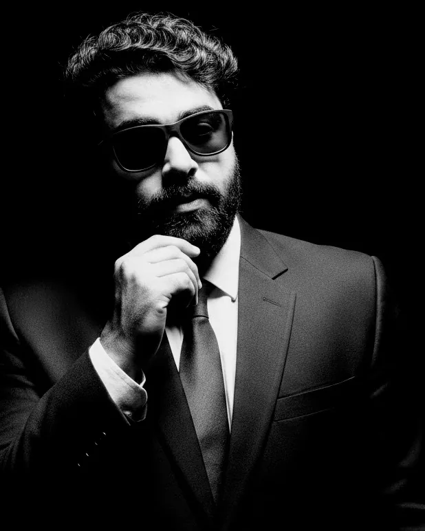 Portrait of Adeel Haider in a dark suit and sunglasses